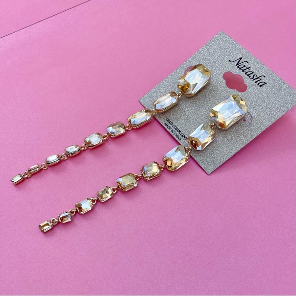 NWT Natasha Clear Gold Rhinestone Long Statement Earrings 5” - Picture 4 of 5